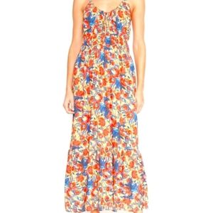 4SI3NNA Marieta Floral Maxi Dress Large Yellow Blue Boho Lace Up Back Sundress